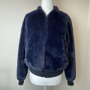 Banana Republic Women’s Faux Fur Zip Jacket Navy Blue Cozy Holiday Party Chic-XS